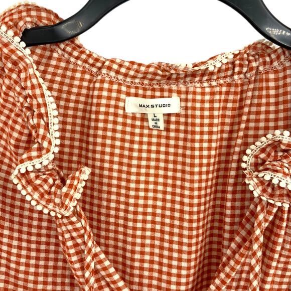 Max Studio Gingham Flutter Sleeve Tiered Maxi Dress Brick Size Large NWOT - Picture 4 of 8